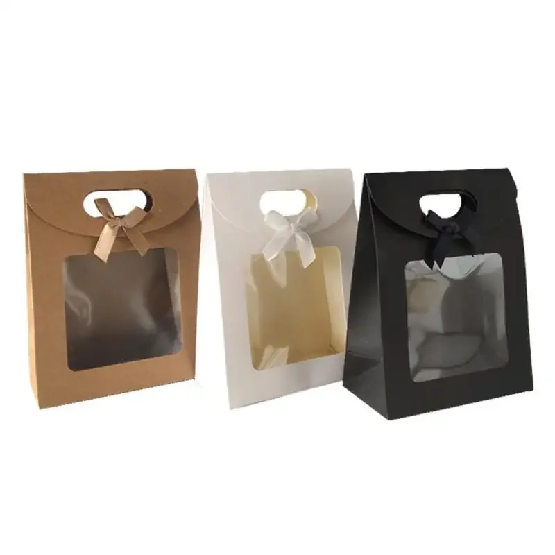 Kraft Paper Gift Bag With Clear Window Black/White Gift Bags With Handle Candy Biscuits Cake Packing Box Eid Mubarak Christmas