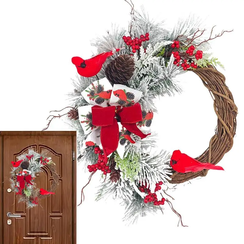 Christmas Front Door Wreath Artificial Snowy Pine Needle Winter Wreaths 45cm/17.7inch Red Berry Cluster Door Wreath Farmhouse