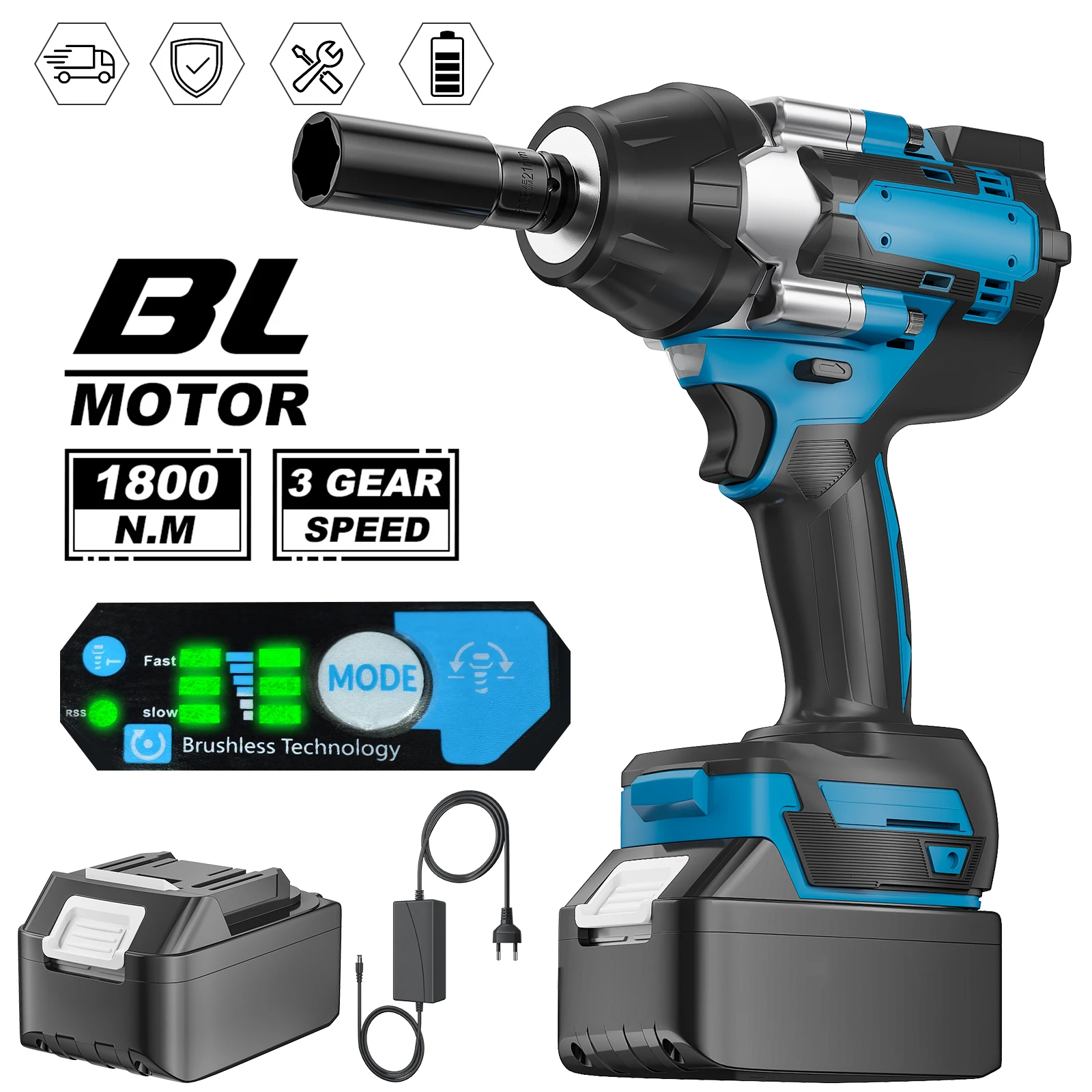 1800NM Bürstenloser elektrischer Schlagschrauber, 1/2-Zoll-Antrieb, kabelloser Kraftschrauber mit Werkzeugkasten-Set, Hochdrehmoment-Schlagschrauber für Makita 18V Akku