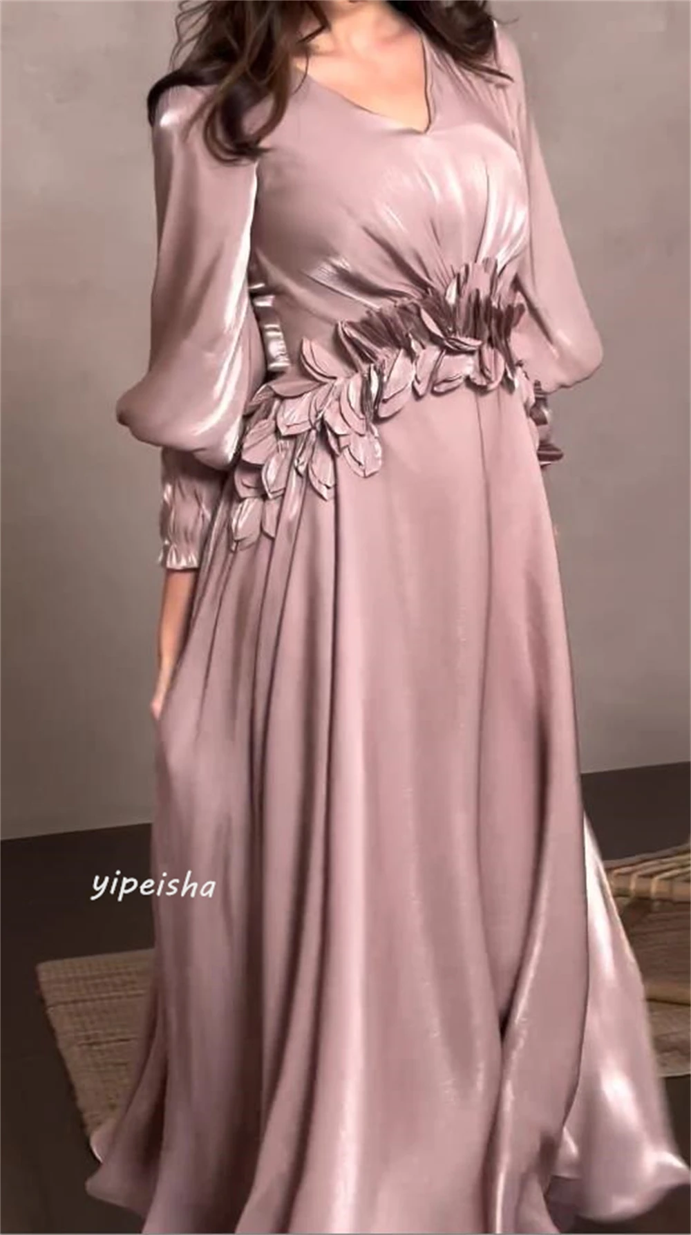 Prom Dress Saudi Arabia Satin Flower Ruched Cocktail Party A-line V-neck Bespoke Occasion Gown Long Dresses