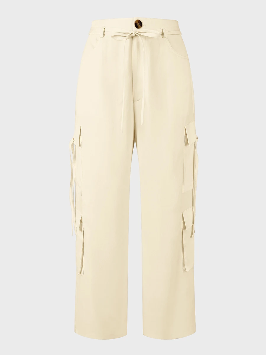 Womens Casual Loose Cargo Pants High Waisted Wide Leg Full Length Multi Pockets Drawstring Solid Color Streetwear