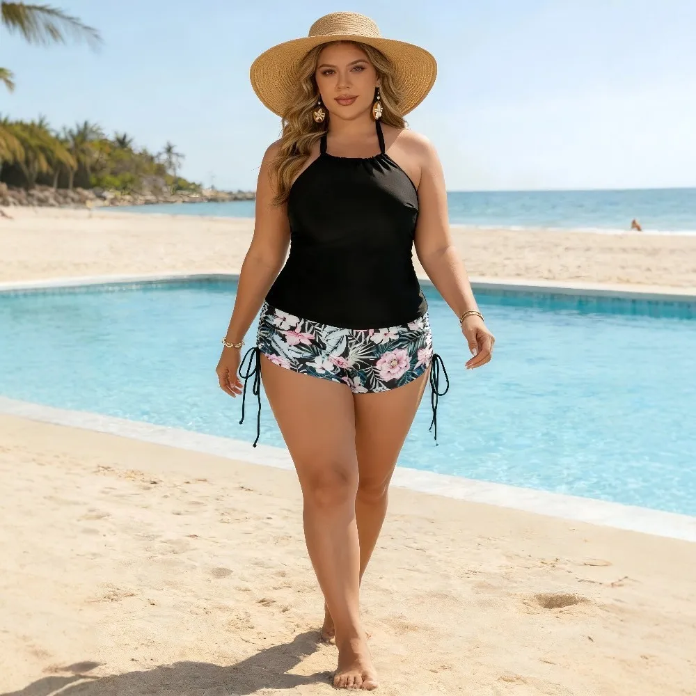 Swimwear 2026 Tankini With Shorts Tankini Top Halter Neck Floral Print Swim Tank High Waist Black Solid Two Piece Swimsuit view 2