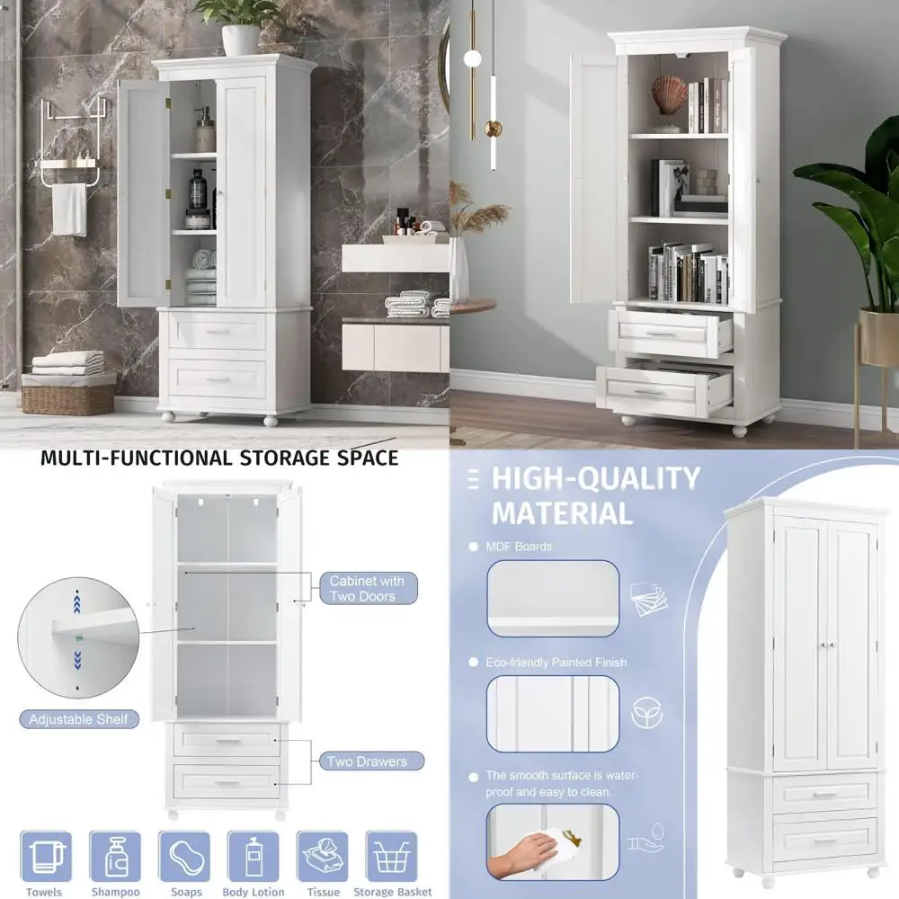 خزانة تخزين أرضية الحمام مع درجين - خزانة طويلة لتنظيم مساحة فعالة