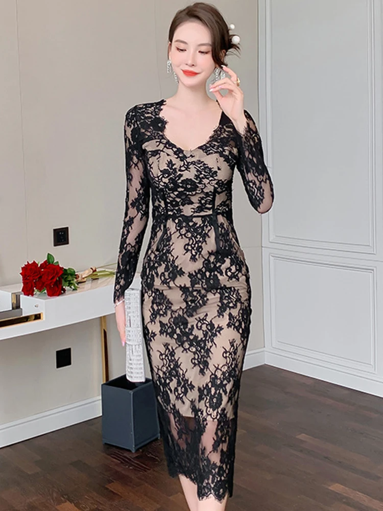 Elegant Vintage Black Dress Women Clothes Celebrity Retro Sheer Lace Hook Floral Hollow Skinny Robe Femme Party Banquet Vestidos