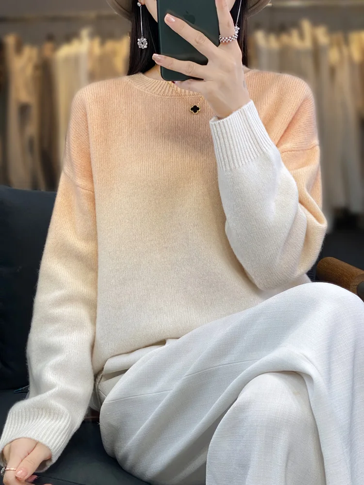 Casual 100% Merino Wool Sweater Autumn Winter Women Solid Knitwear O-Neck Loose Gradient Pullover Basics Cashmere Clothing Tops