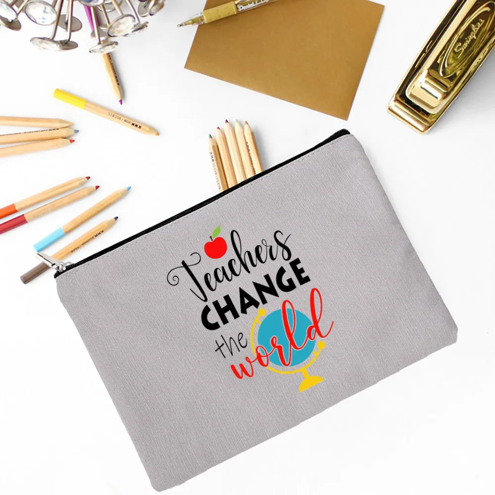 Teacher Change The World Print Cosmetic Bag Supplies Storage Bags Travel Wash Pouch Pencil Case School Stationery  Teacher Gift