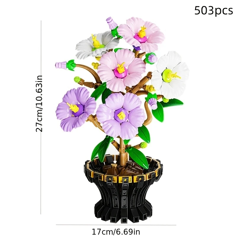451pcs, 599pcs, 503pcs, 450pcs, Assemble Puzzle Building Block Flowers: Plum Blossom, Bird of Paradise, Hibiscus, Chrysanthemum view 4