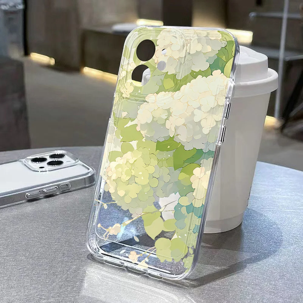 

New Summer Green Flower Clear Case For iPhone 14 Pro Case iPhone 16 15 13 11 12 17 Pro Max 16 Plus SE 2022 Shockproof Back Cover