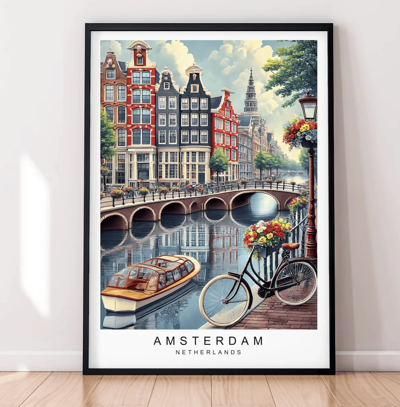 Dutch Amsterdam Canal City Canvas Wall Art Prints Decor, Vintage Bicycle Boat Floral Bridge Poster for Bedroom, Entryway