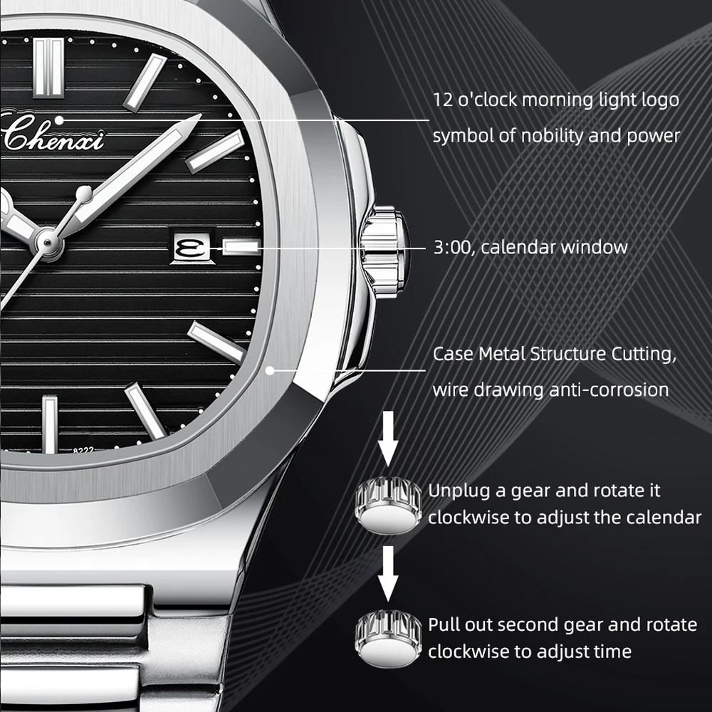 CHENXI Top Brand Luxury Men Wristwatch Business Waterproof Luminous Alloy Polygonal Case Fashion Quartz Watch Male with Calendar