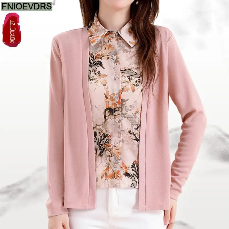 

Fake Two Piece Office Shirts Basic Wear New 2025 Women Long Sleeve Elegant Fashion Work Lady New Year Pink Retro Vintage Blouses