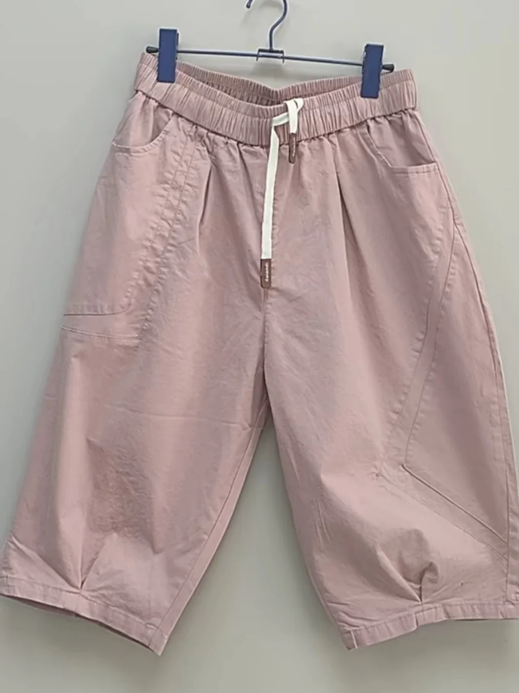 Summer Thin Large Size  Color Simple Patchwork Pocket Elastic Waist Seven-Foot Loose Slimming Casual Pants