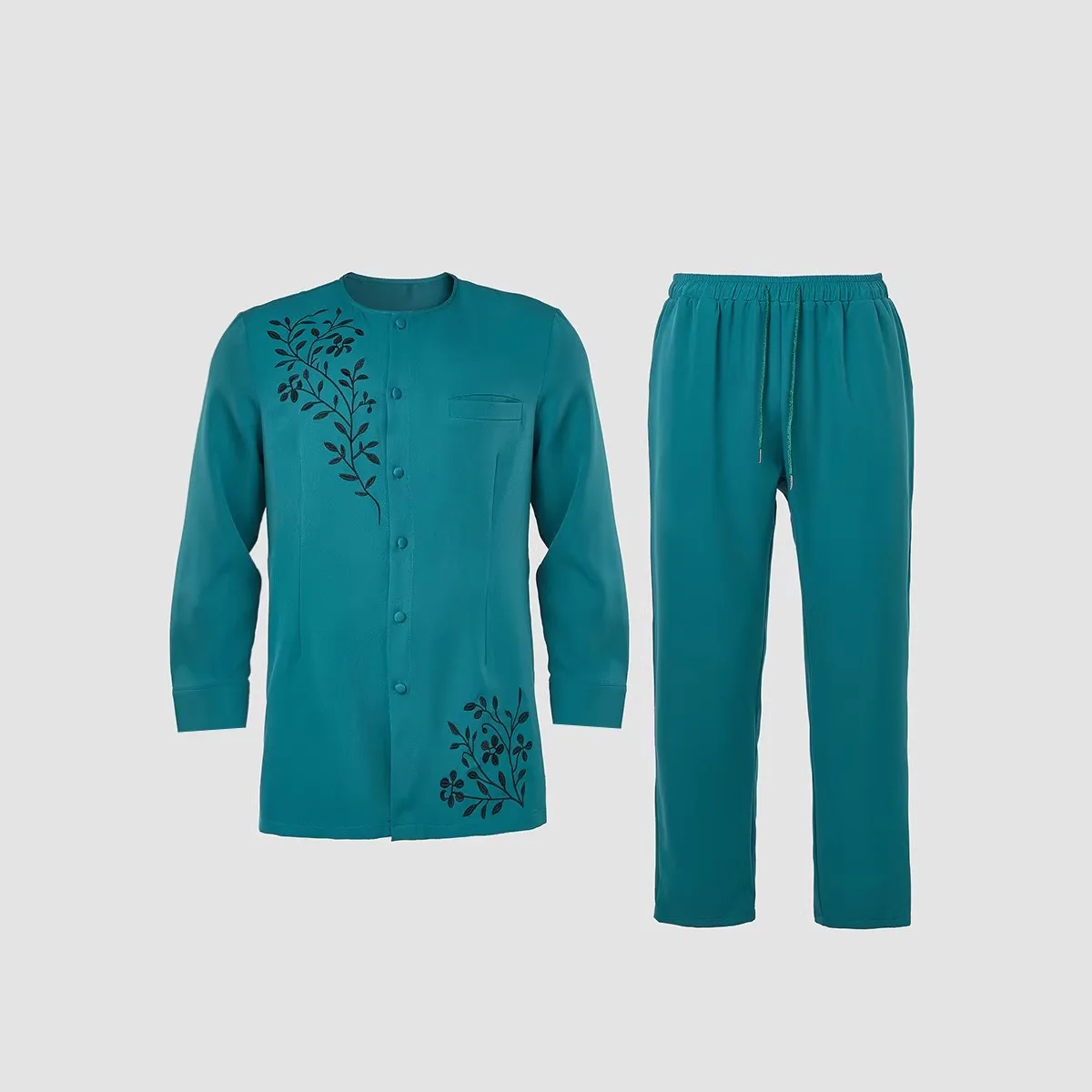 Green Embroidery African Style Men Suit Set Boyfriend Round Neck Blazer Trousers Outfit Safari Suit Jacket Elastic Waist Pants