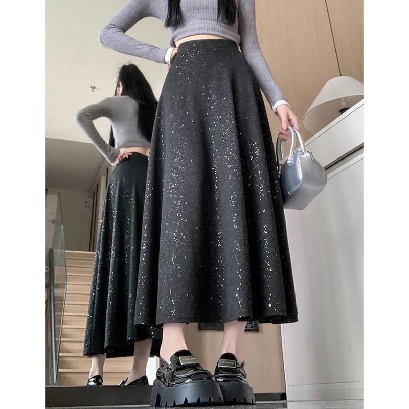 Glänzende Designer-Mädchenröcke mit hoher Taille, koreanische, einfarbige, lässige A-Linien-Kleider, schmal geschnittene, dünne Midiröcke für Damen