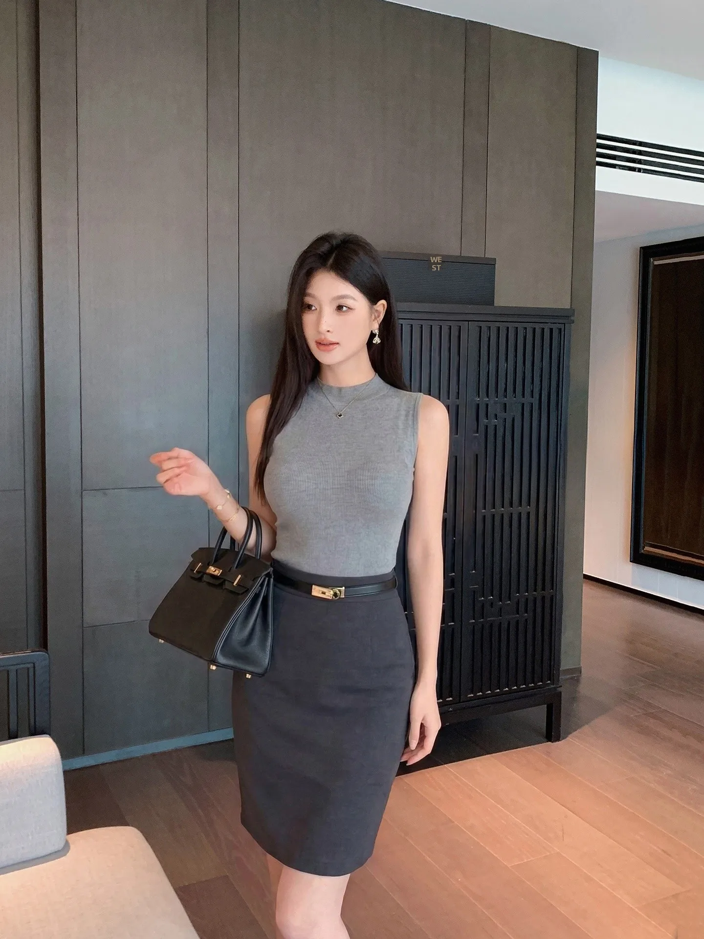 

Ms.Daoge Grey Knitted Slim Fit Vest Women's Summer Outerwear Half High Collar Sleeveless Breathable Soft Rell Cotton Blend