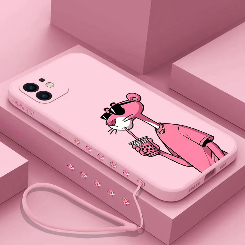 Cartoon Phone Case For iPhone 16 15 14 13 12 11 Pro Max Mini X XR XSMAX 8 7 6S Plus Soft Silicone With Hand Strap Pinks Panthers