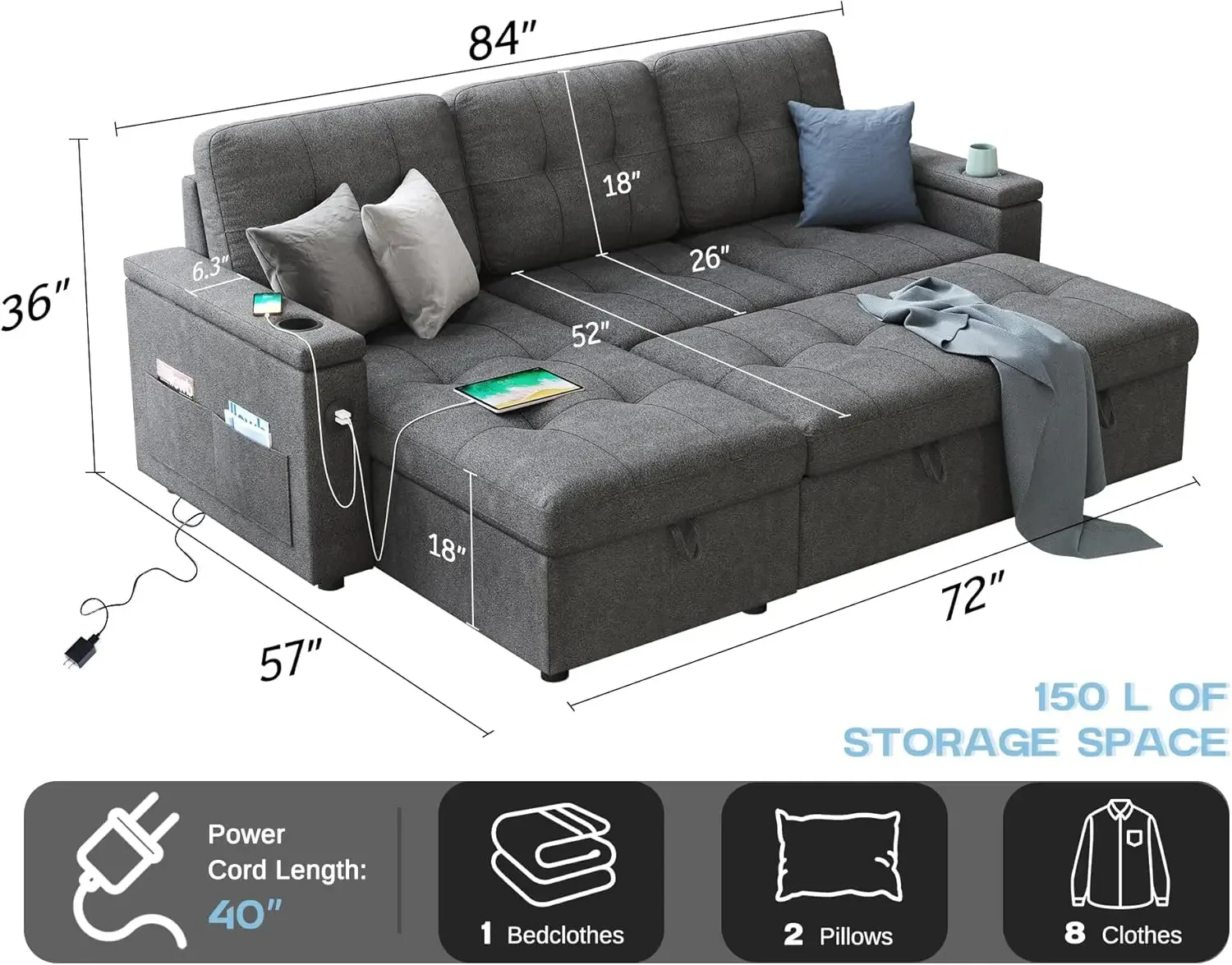 84 Inch Pull Out Couch with 2 USB & Cup Holders, Tufted L Shape Convertible Sofa with Storage Chaise, Dark Grey