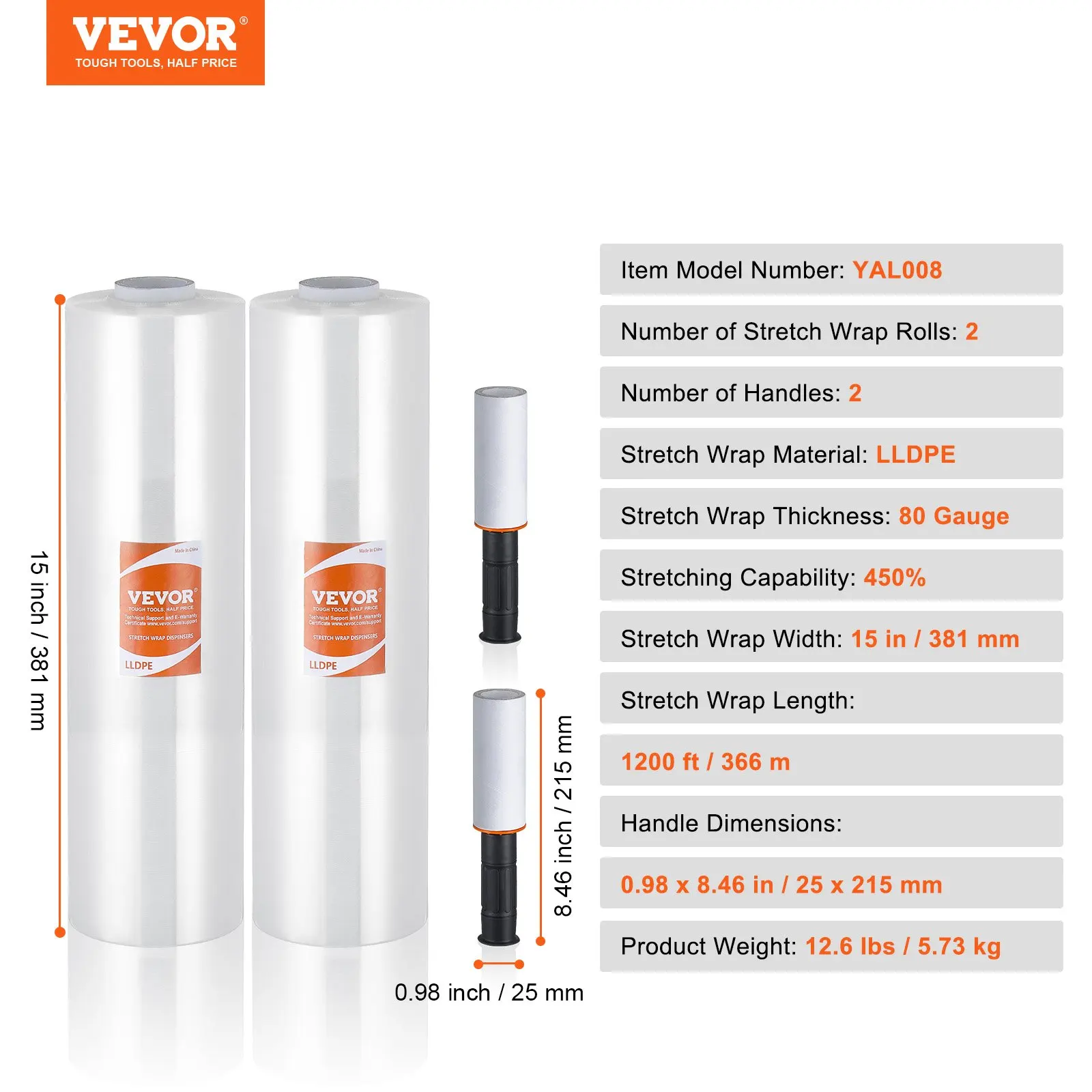 Filme elástico, 15 polegadas x 1200 pés, 2 pacotes, rolo de envoltório elástico durável transparente de força industrial de calibre 80