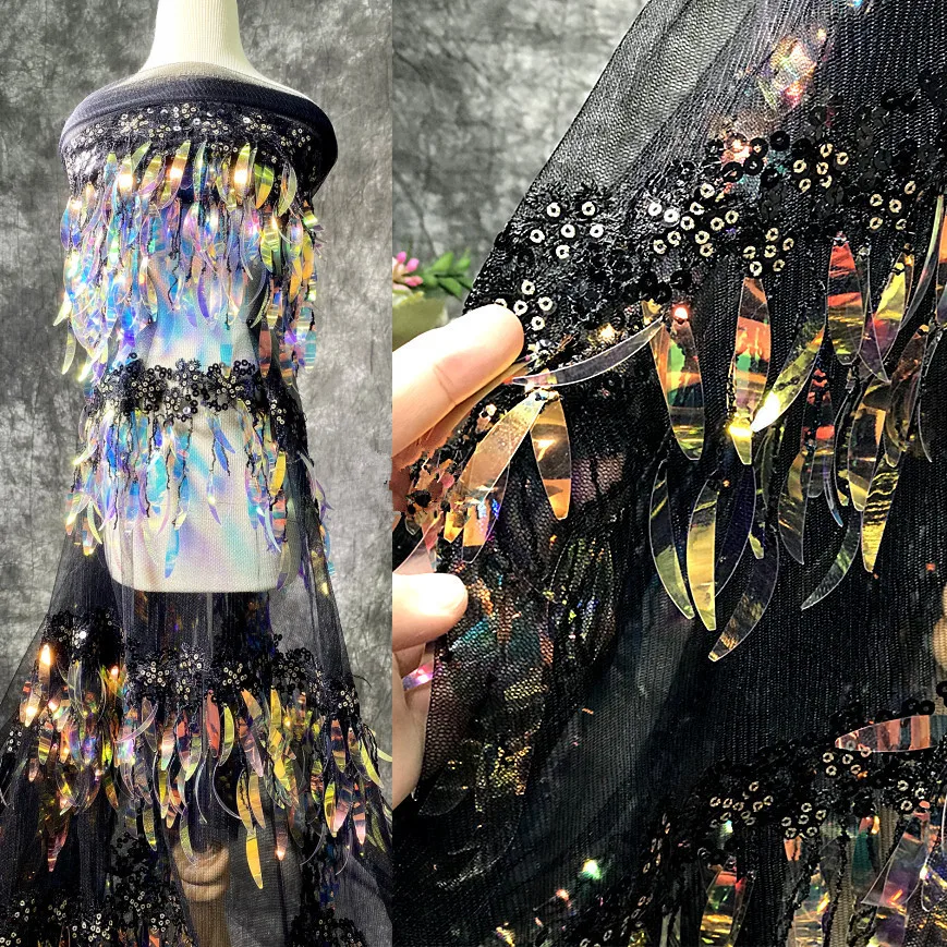 

Black Designer Gradient Color Symphony Fashion Fabric Tassel Sequin Laser Clothing Wedding Mesh Dress Fabric