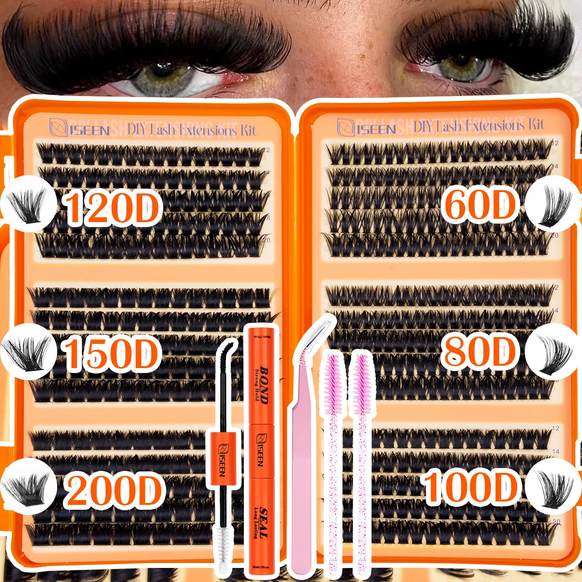 Individual Lashes Cluster C Curl 3D Wispy DIY Eyelash Extension Large Capacity Super Thin Band with Bond&Seal Tweezer Reuseable