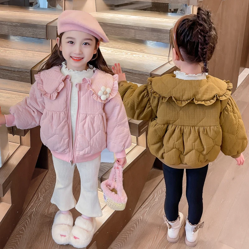 

Children Winter Jacket for 2-5 years Baby Girls Coats Floral Lace Princess Clothing Outdoor Thickened Warm Plush Kids Outerwear