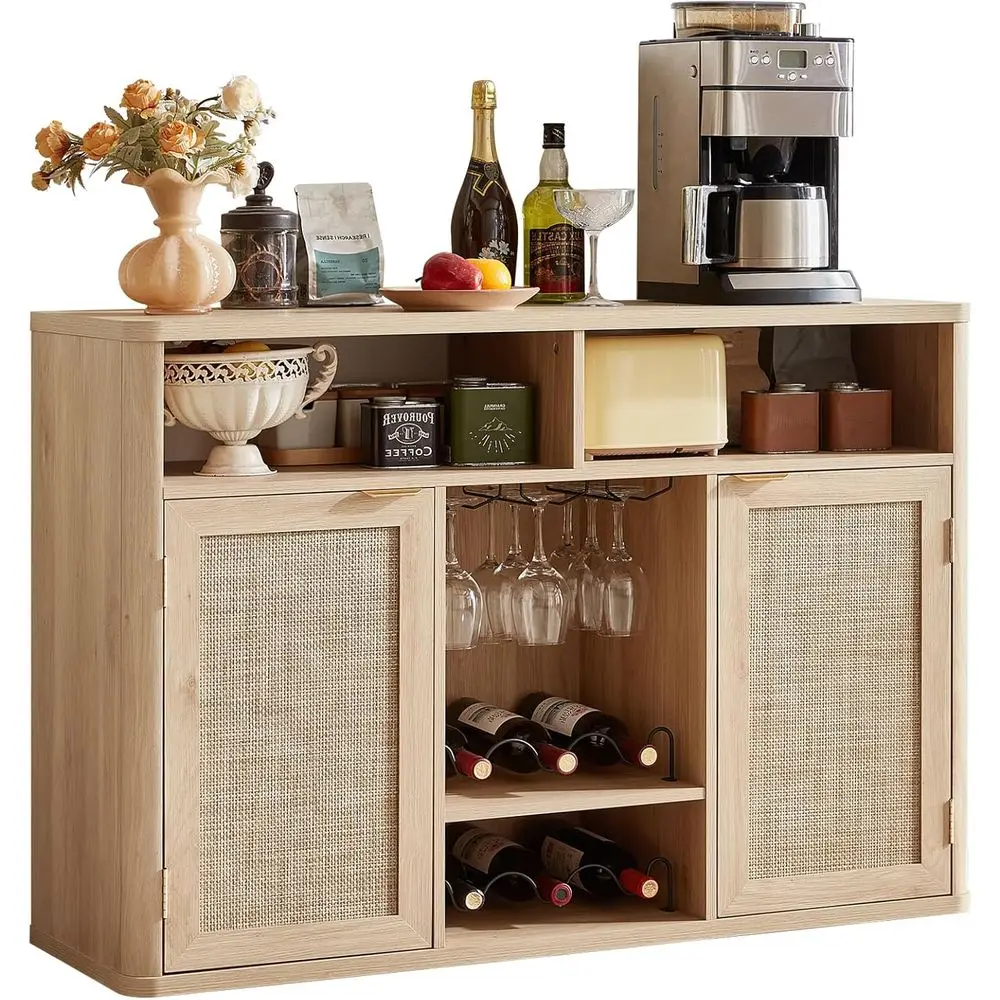 

Boho Style Wine Cabinet with Racks for Living, Dining Rooms, Natural Wood Finish