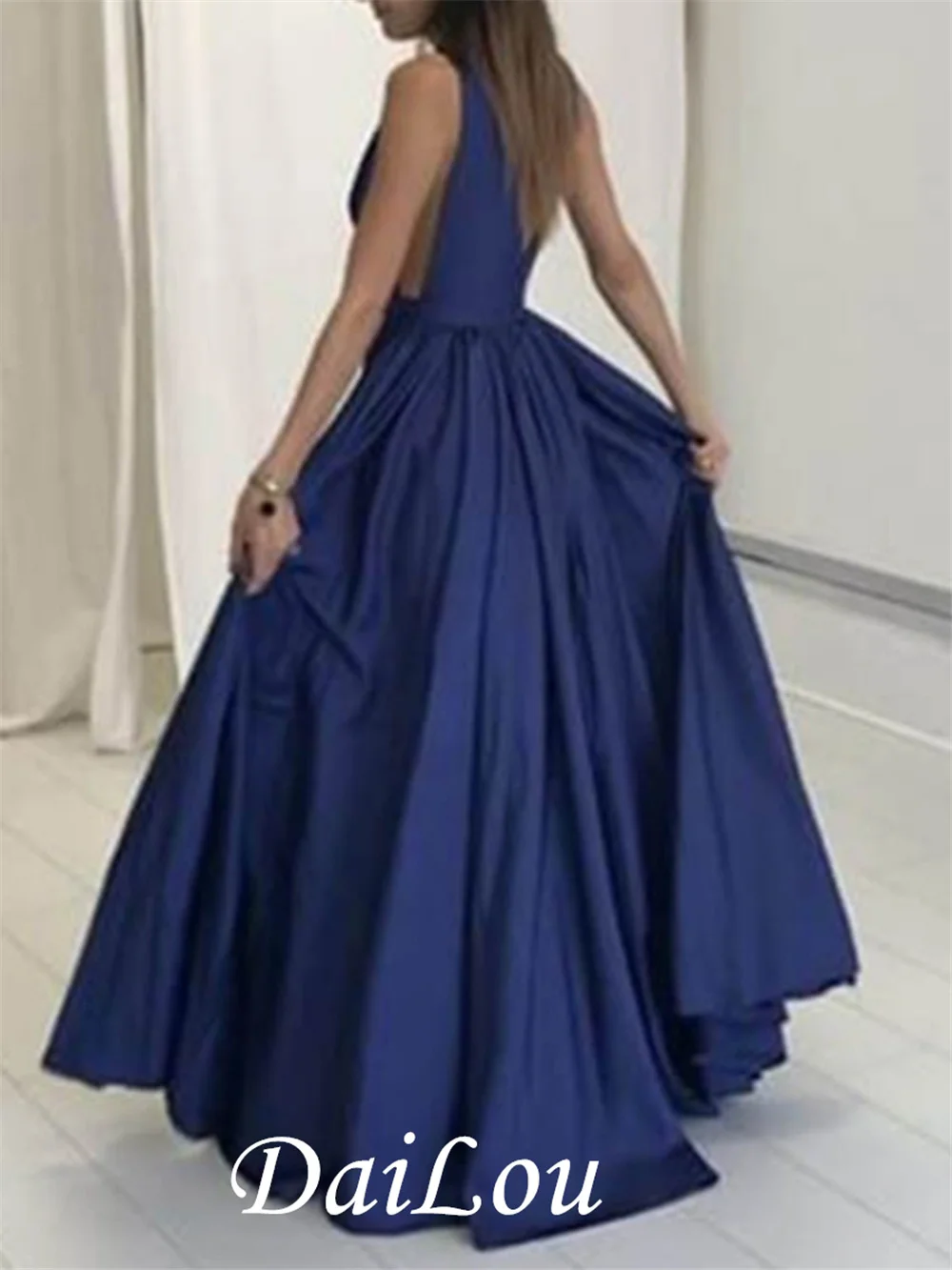 Vestidos de Noche de tafetán azul marino oscuro, Túnica de noche con escote en V profundo, vestidos de fiesta plisados para mujer, vestidos de graduación con bolsillos