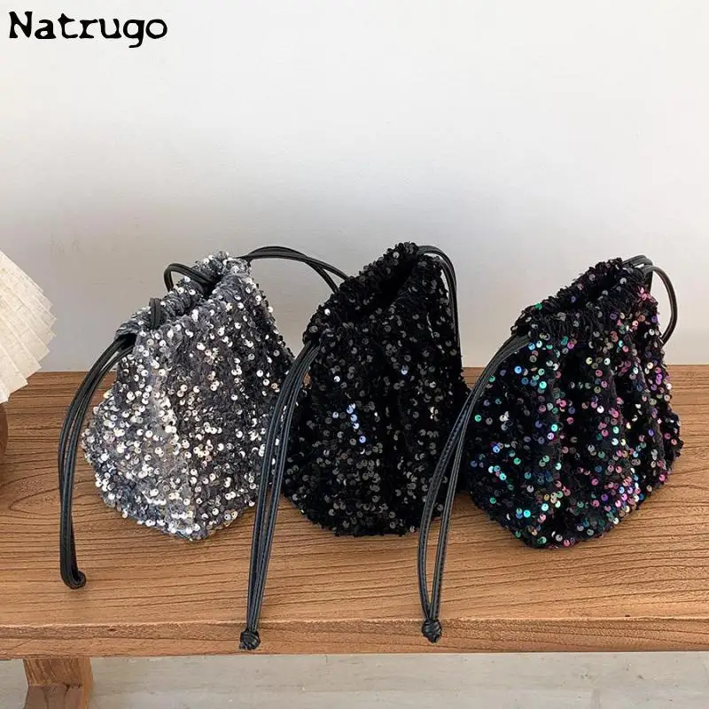 New Sequin Bucket Crossbody Bag Women Chain Phone Bag Satchels Girls Decor Hangbag Luxury Designer Small Shoulder Bag