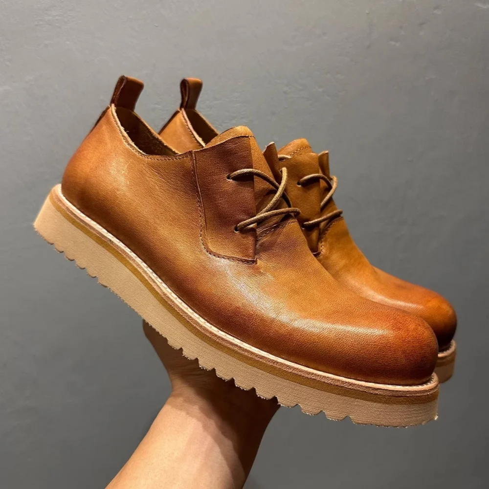 

QHCCID Men's Summer Horsehide Shoes British Style Thick Sole round Toe Heightening Effect for Business Casual Wear