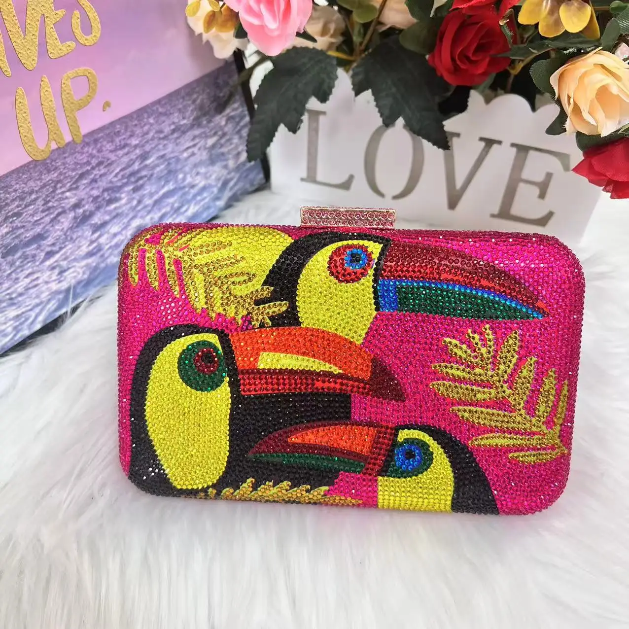 Novelty Toucan Bird Women Crystal Evening Bags Rhinestones Box Minaudiere Clutch Party Cocktail Handbag Diamond Chain Purse