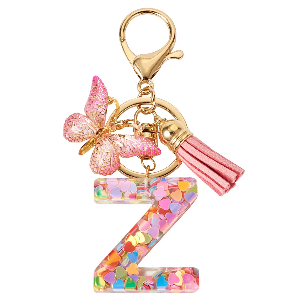 

1pc Alphabet Acrylic Butterfly Charms Keychain Resin Letter A-Z Tag Pendant with Tassel Pink Theme Purse Bag Decor Supplies