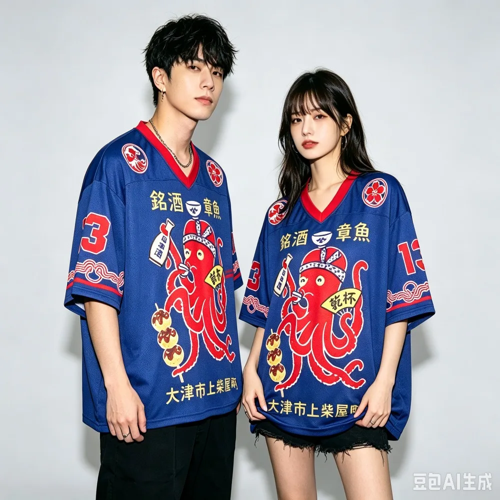3D Print Unisex Breathable V-neck Jersey T-shirt Japanese Octopus Graphic Oversized  Short Sleeve Couple Fashion Streetwear Tops