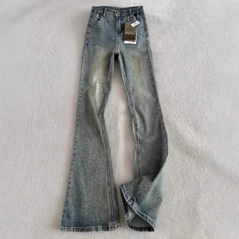 

Ретро синие джинсы с изогнутыми ножками, мужские летние американские брюки High Street Vibe, облегающие брюки со средней высокой талией, прямые брюки с микро-расклешенными штанинами