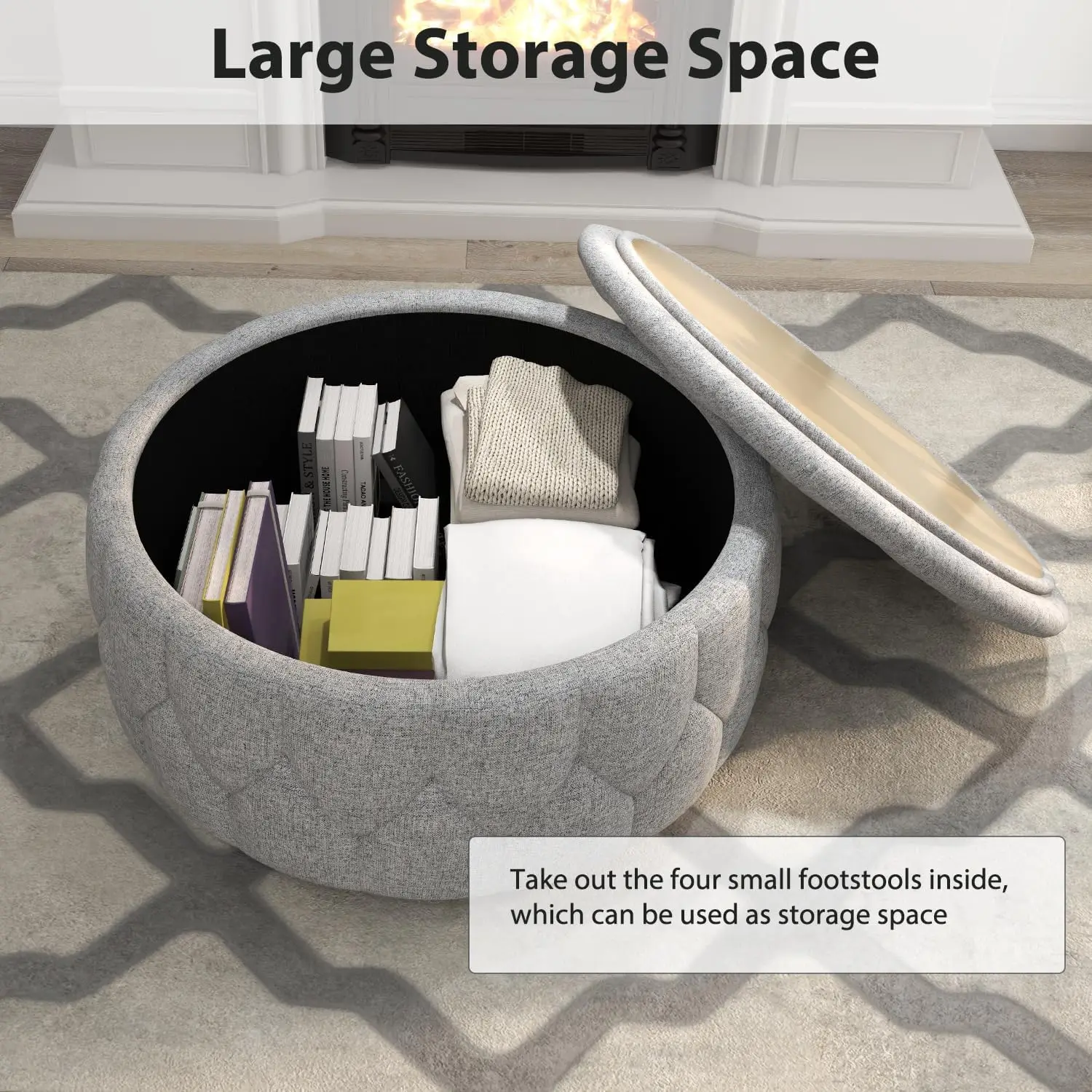 36" Wide Storage Ottoman Large with 4 Wheels,Tufted Round Rolling Ottoman with Removable Lid, Coffee Table Seat Inside