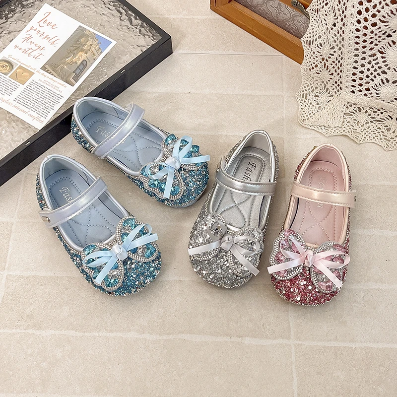 Girl's Princess Shoes Rhinestone Sparkly Bow-adorned Kids Dress Shoe Luxury Party Wedding Anti-skid Children Mary Janes 23-34