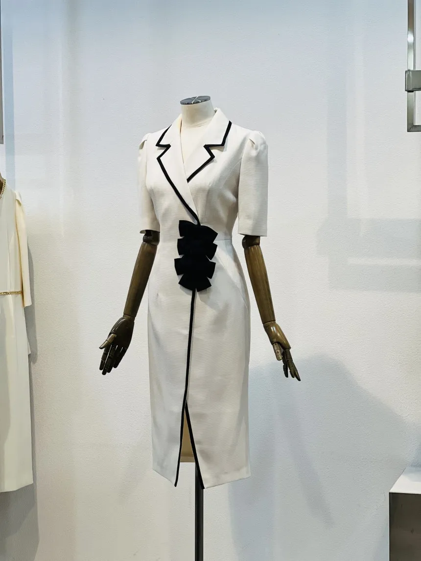 Ele 2023 New Faion ort Sve Suit Collar Commute  Knot Splice Mid-Length Slit Dr Summer Women's Dr