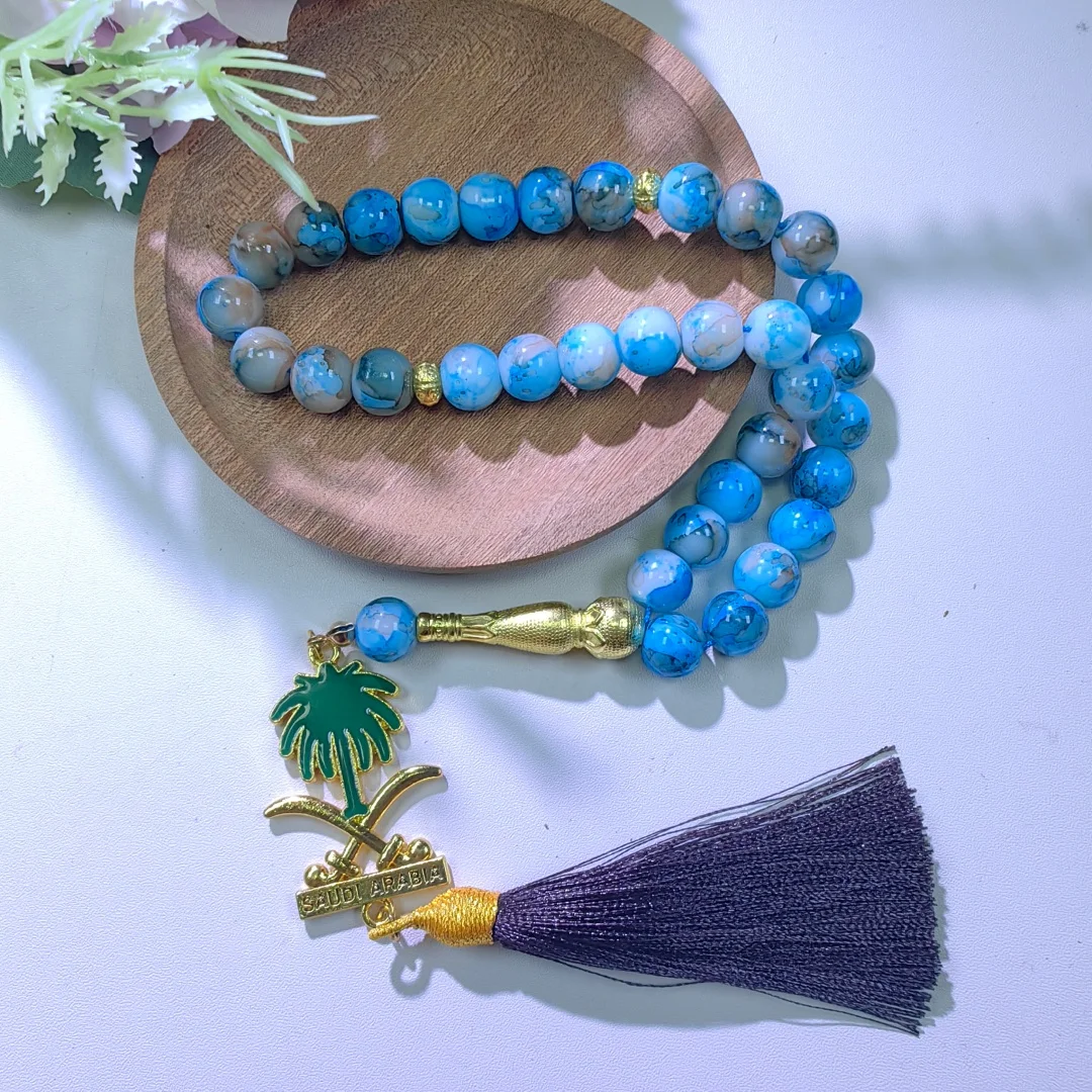 Saudi Arabia Style Tasbih Prayer Beads Green Marbled Texture Misbaha with Emblem Pendant Tassel Islamic Muslim Dhikr Rosary Reli