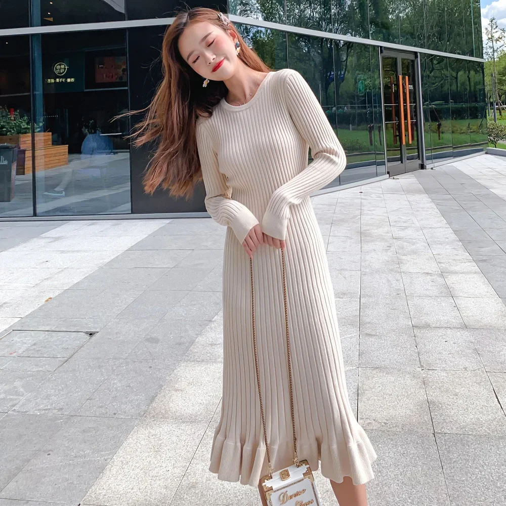 Koreaanse Stijl Elegante Gebreide Jurk Vrouwen Herfst Winter Casual Roze Trui Jurk O-hals Lange Mouw Ruches Gebreide Zeemeermin Bodycon