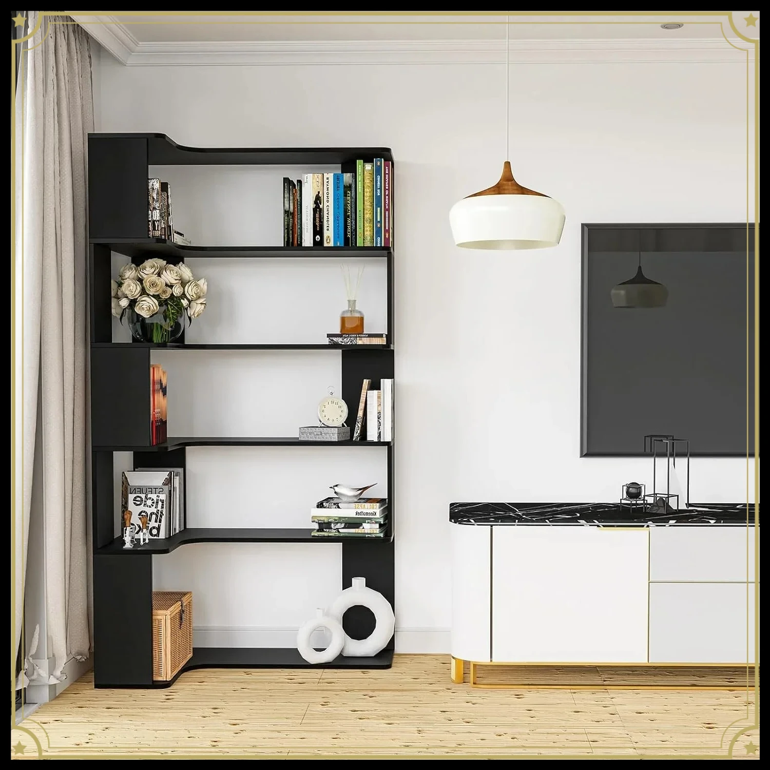 2 Farben, 5 Ebenen, Eckregal aus Holz, dreieckig, mit Lampenstreifenfunktion, offenes Regal, Eckregal, geometrische Aufbewahrung