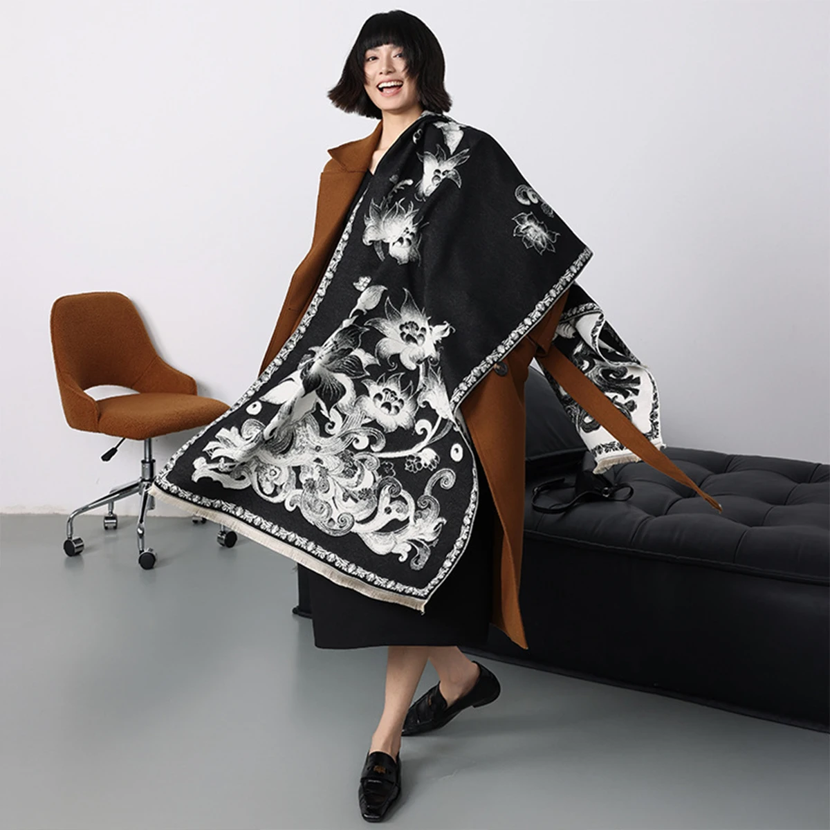 

Роскошный универсальный шарф из искусственного кашемира с цветком лотоса, ветрозащитное одеяло из пашмины, шарфы, толстые теплые шарфы-пончо для женщин