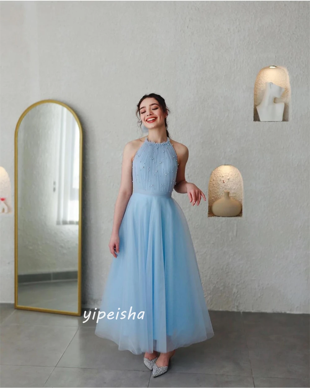 Tulle Pearl Draped Cocktail Party A-line Halter Bespoke Occasion Dresses Ankle-Length Saudi Arabia