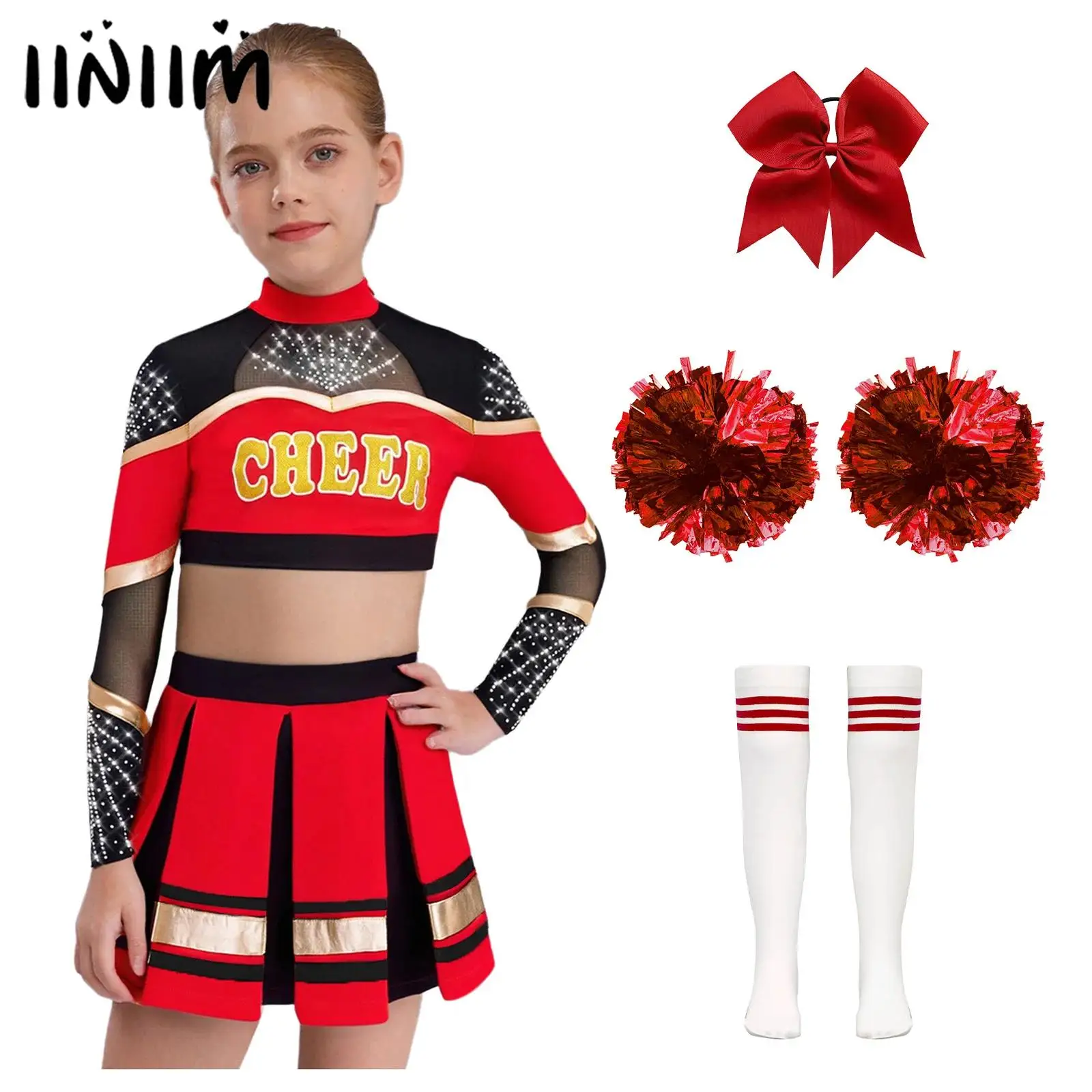 

Kids Girls Rhinestones Cheerleader Costume Cheerleading Uniform Dance Outfits Long Sleeve Sheer Mesh Crop Top with Pleated Skirt