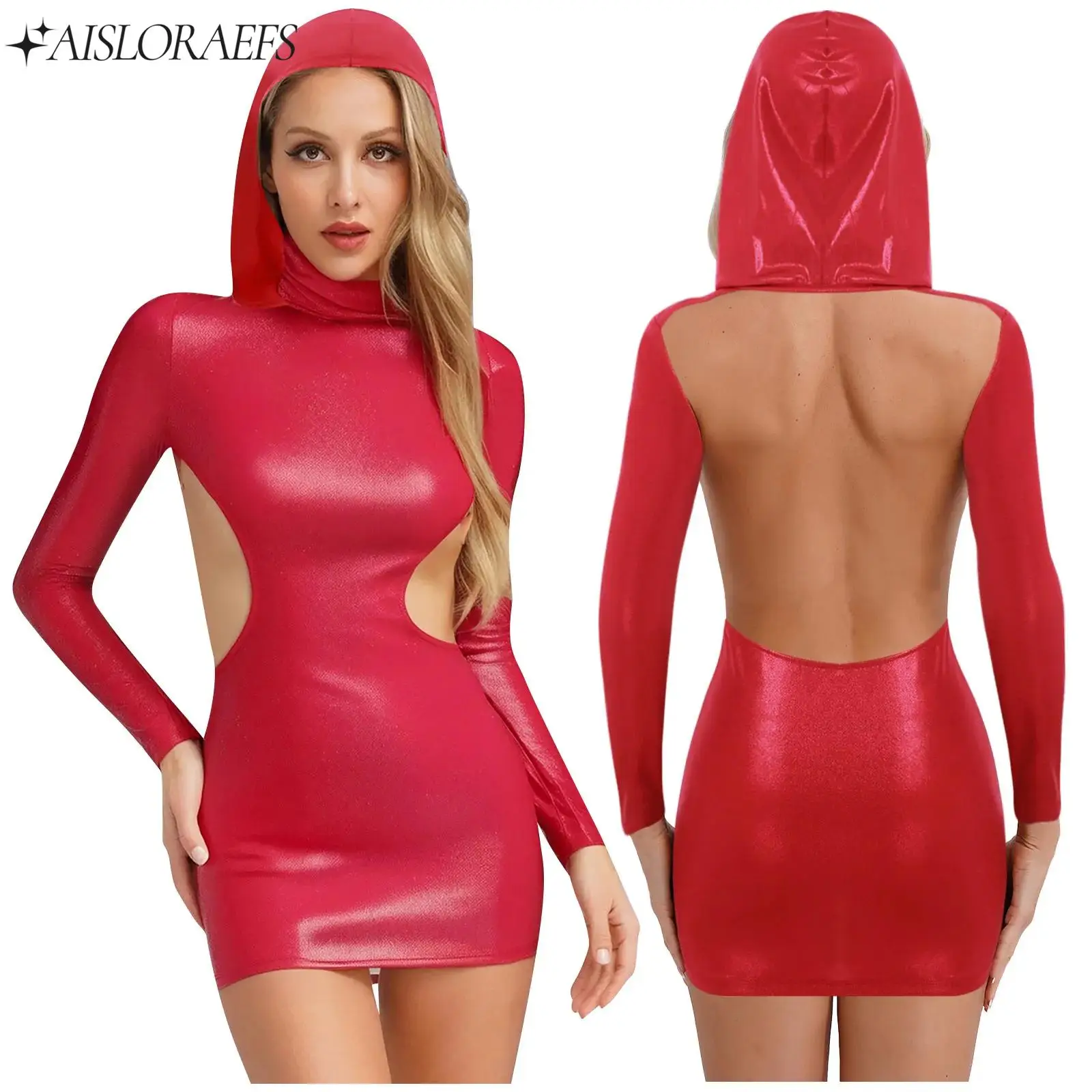 Sexy Womens Fashion Sparkly Bodycon Dress Hooded Long Sleeves Open Back Mini Dress Tight Fitting Short Dress Bar Party Club Wear