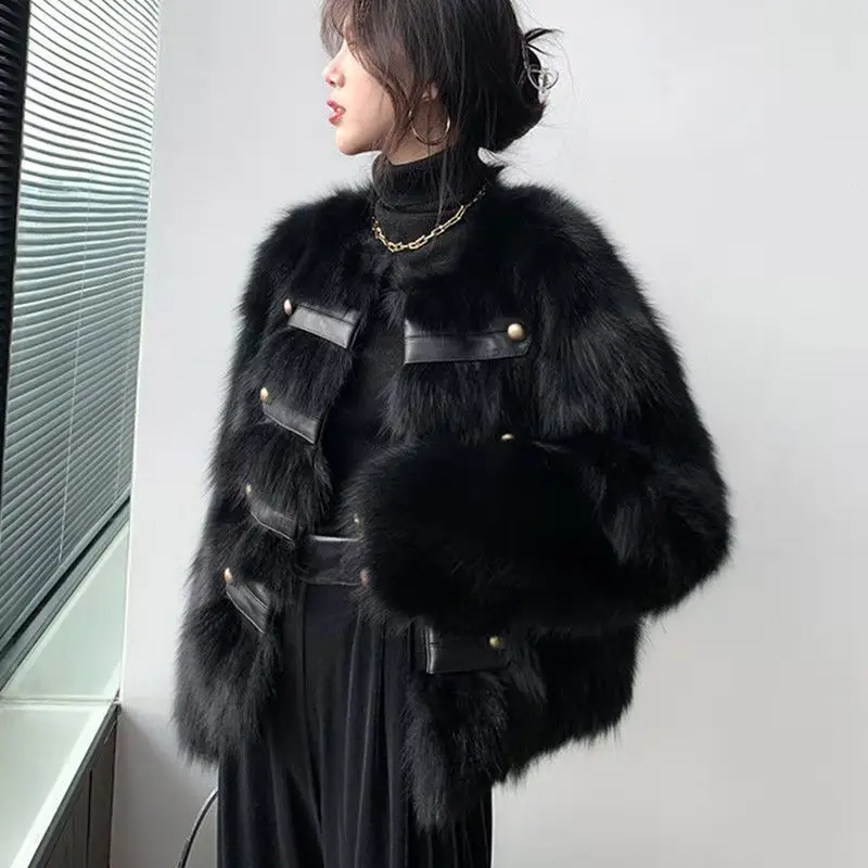 2023 Autumn Fashion Faux Fox Fur Coat Women Korea Fashion Warm Coats Loose Short Outercoat Lady Party Elegant Outfits C72