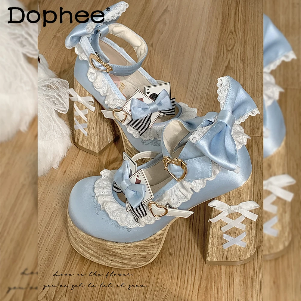 

Blue Vintage Lolita High Heels Spring New Womens Sweet Elegant Bow Mary Jane Shoes Ladies Birthday Party Cos Platform Shoes