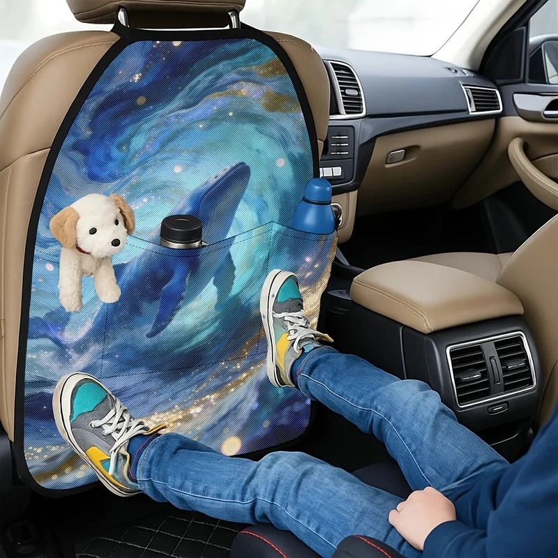 Car Seat Back Covers With Storage Pockets, Whale Blue Galaxy Ocean Print, Fantasy Art Style