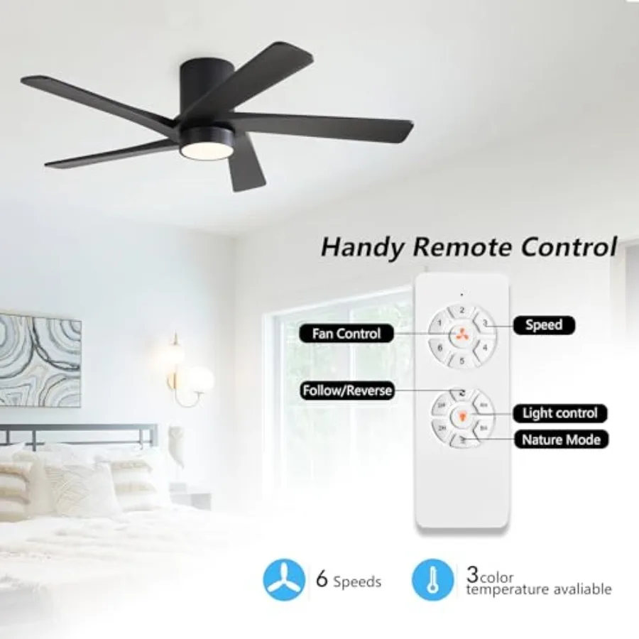 Hugger ceiling fan for indoor use, carved wood blades, black finish, 6-speed noiseless DC motor, ETL listed, low profile design