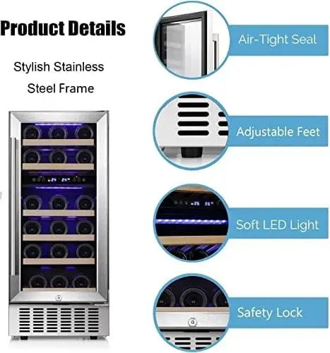 15" Wine Cooler Under Counter Beverage Refrigerator Beer Mini Fridge 28 Bottles Dual Zone Built-in Freestanding