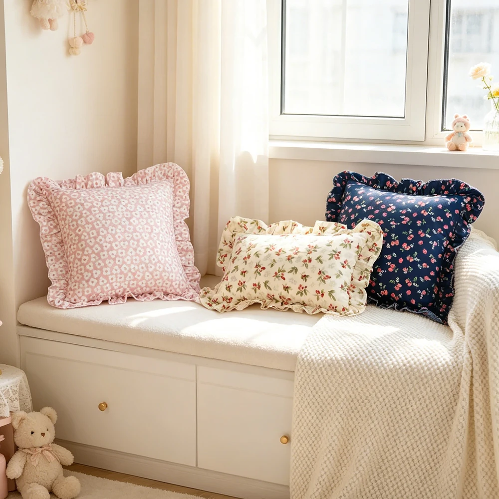 BUYNOW 1PC Printed Cushion Cover Cute Ruffle Pillowcase Soft Home Decor for Sofa Bedroom Living Room Fashion Pillow Cover