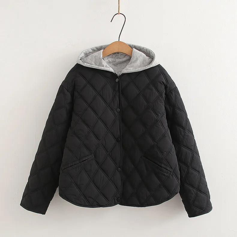 Nowa kurtka ocieplana na jesień 2025, damska, z kapturem, kieszeniami, patchworkowa, w stylu Mori Girl Preppy, ciepła, codzienna, luźna odzież wierzchnia, zimowa C5O028CC